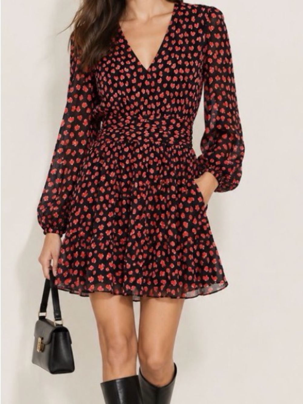 Alice + Olivia Black Mini Dress with Red Floral Print
